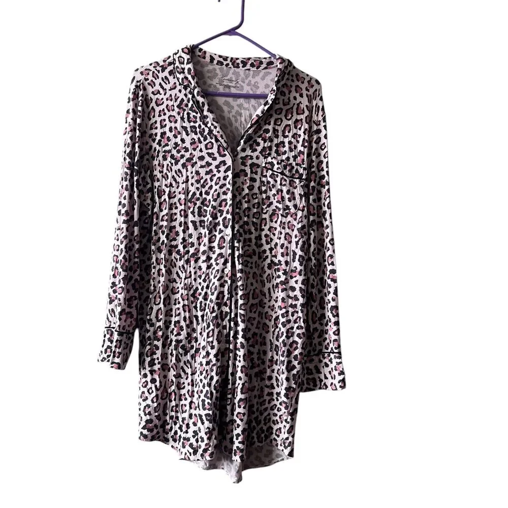 Victoria's Secret Heavenly Gown Pajama Shirt‎ Dress Cheetah Print Button Up Sz M